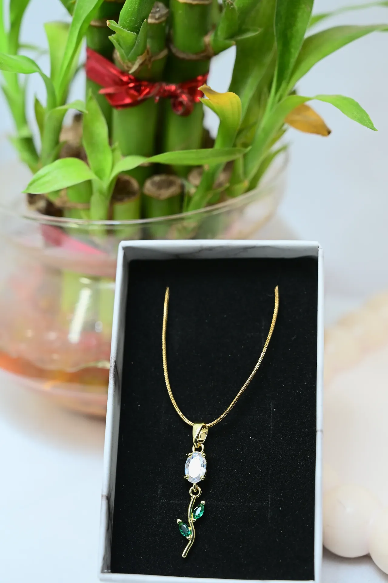 White Tulip Necklace with Green Leaf Design