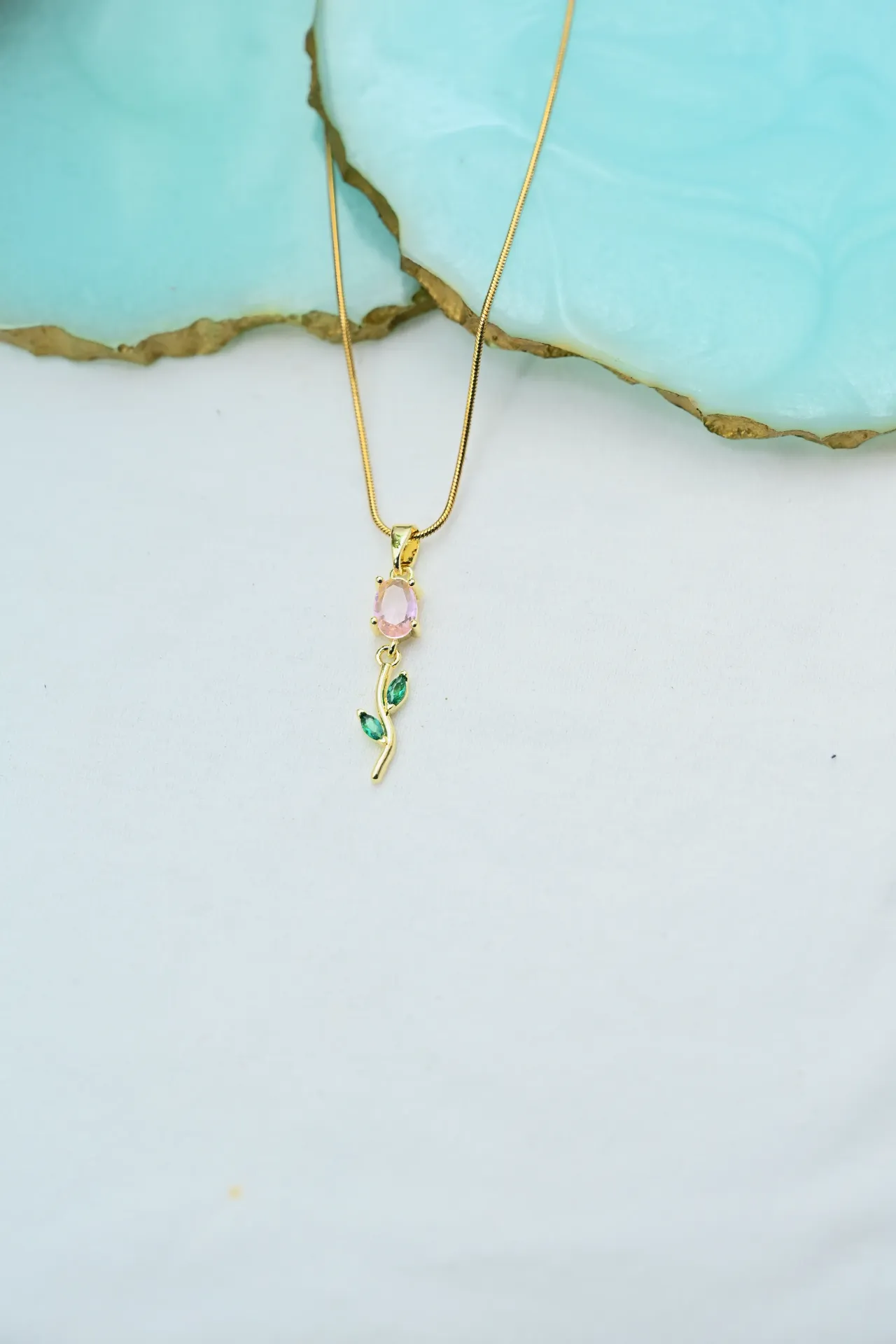 Pink Tulip Necklace with Green Leaf Design