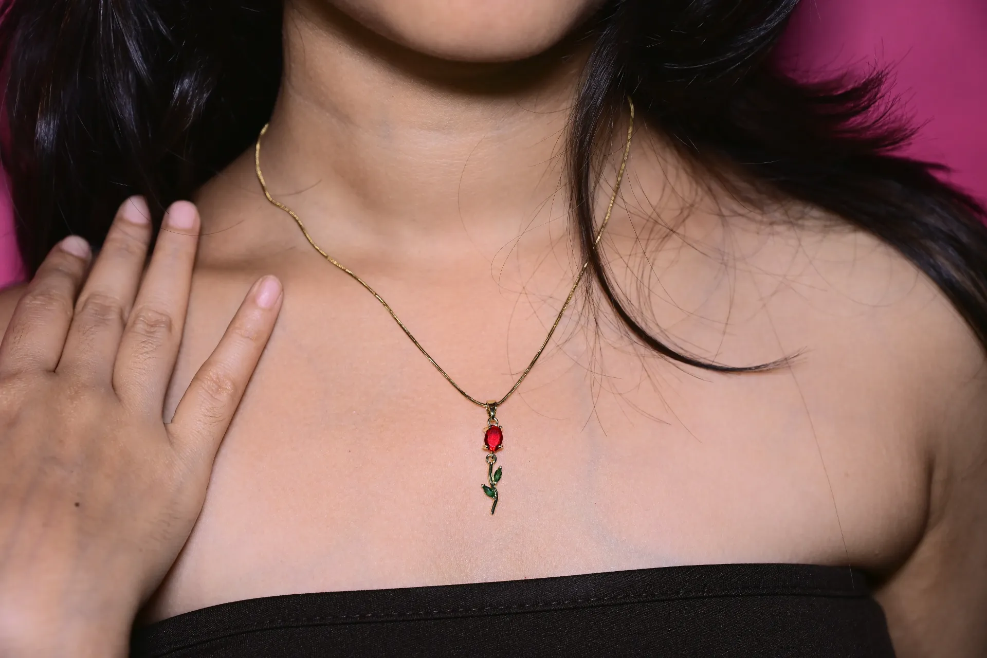 Red Tulip Necklace with Green Leaf Design
