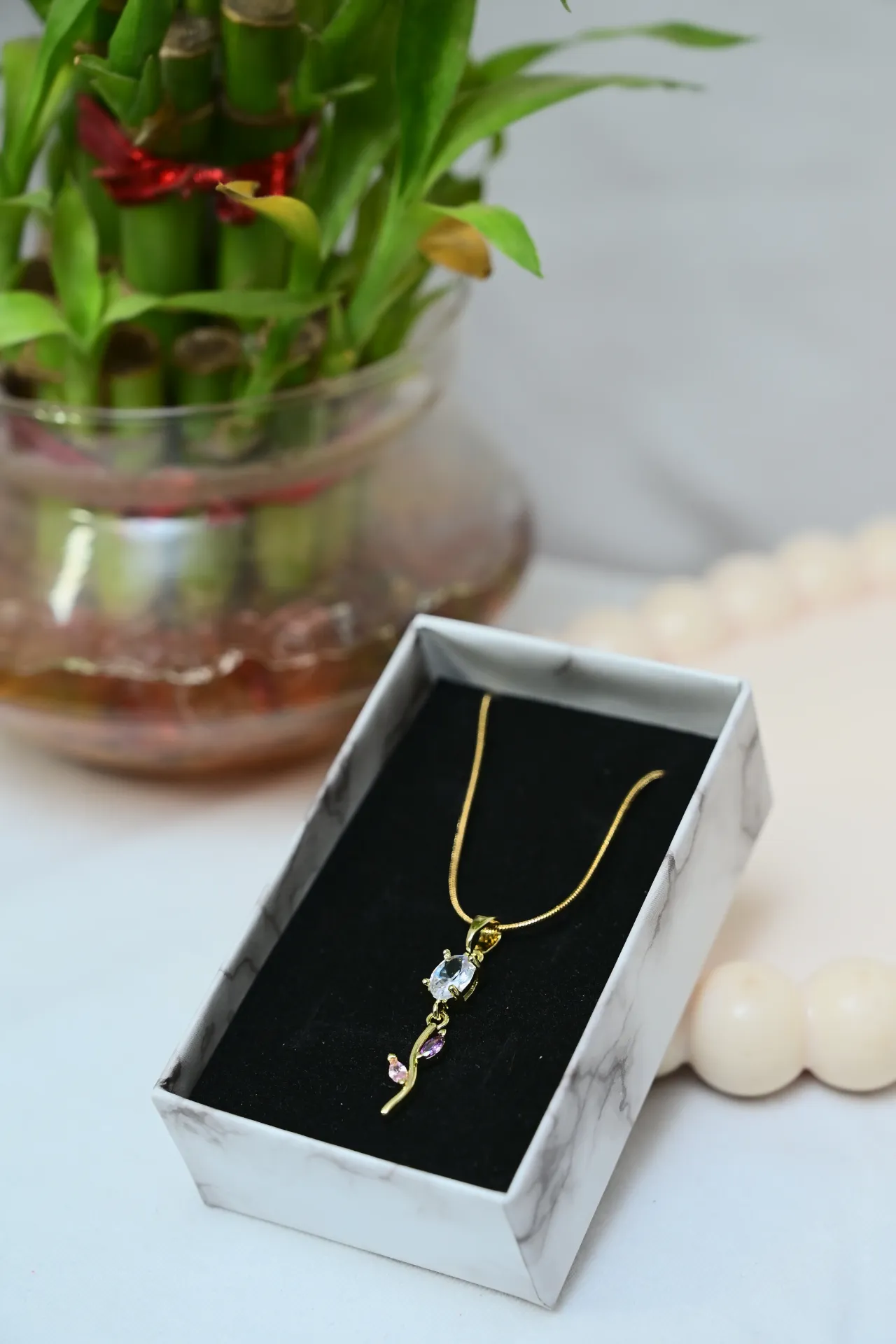 White Tulip Pendant Necklace with Pink Purple Leaf Design