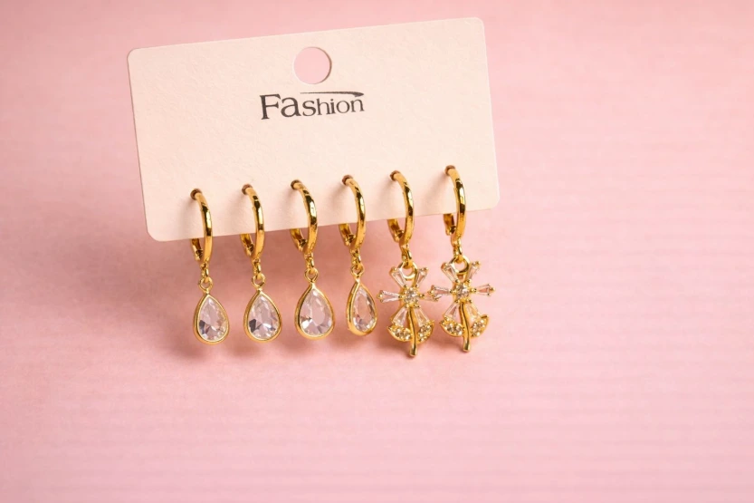 Gold Plated 3-Pair Crystal Drop Earrings Set