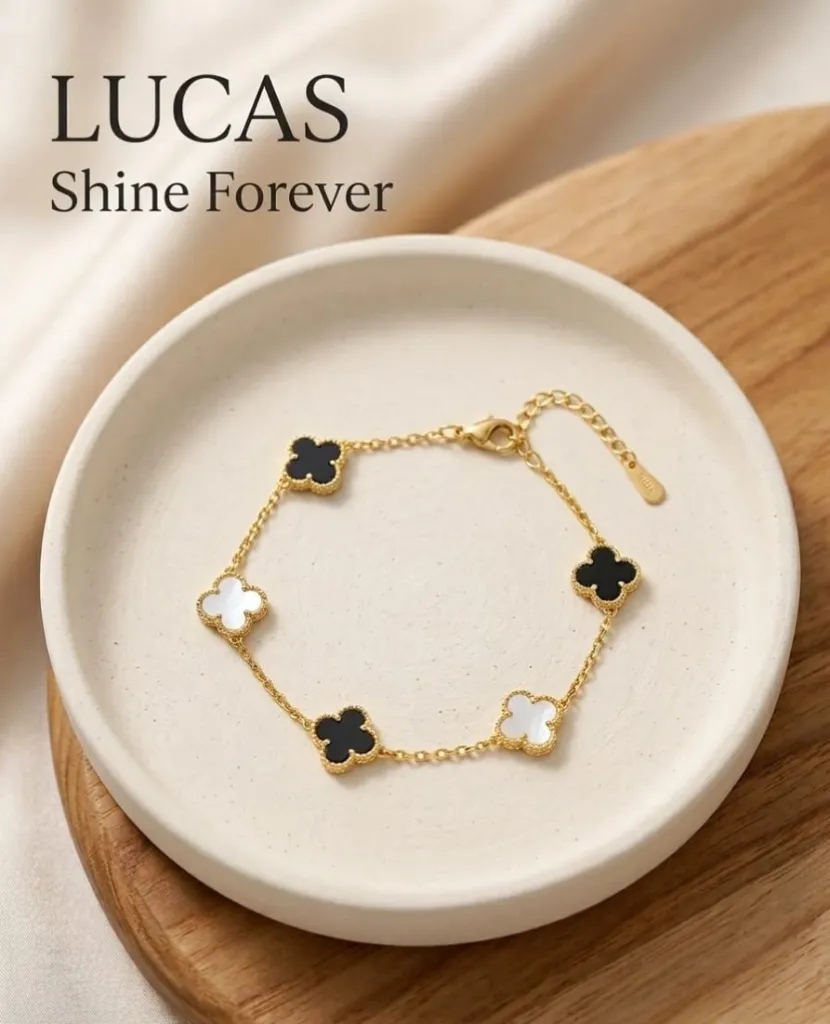 Gold Plated Black and White Clover Bracelet