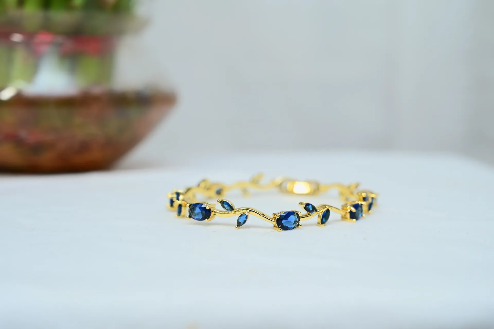 Women’s Gold-Plated Blue Crystal Bracelet | Elegant Floral & Leaf Design | Tulip Bracelet | Stylish Party & Casual Wear Bracelet