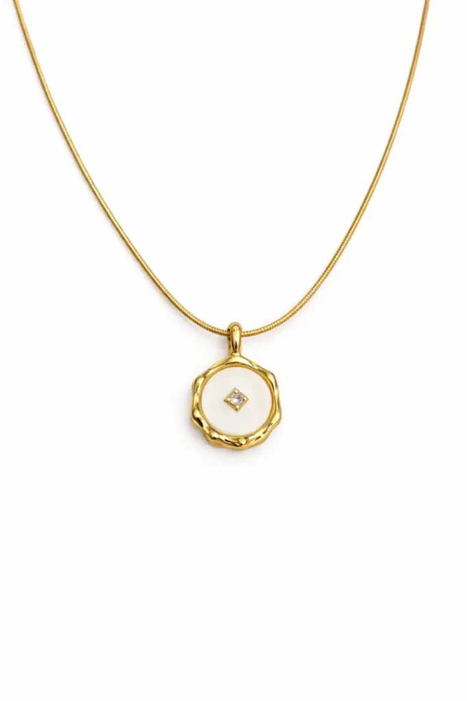 Gold Plated Pendant Necklace | White Enamel & AD Accent |