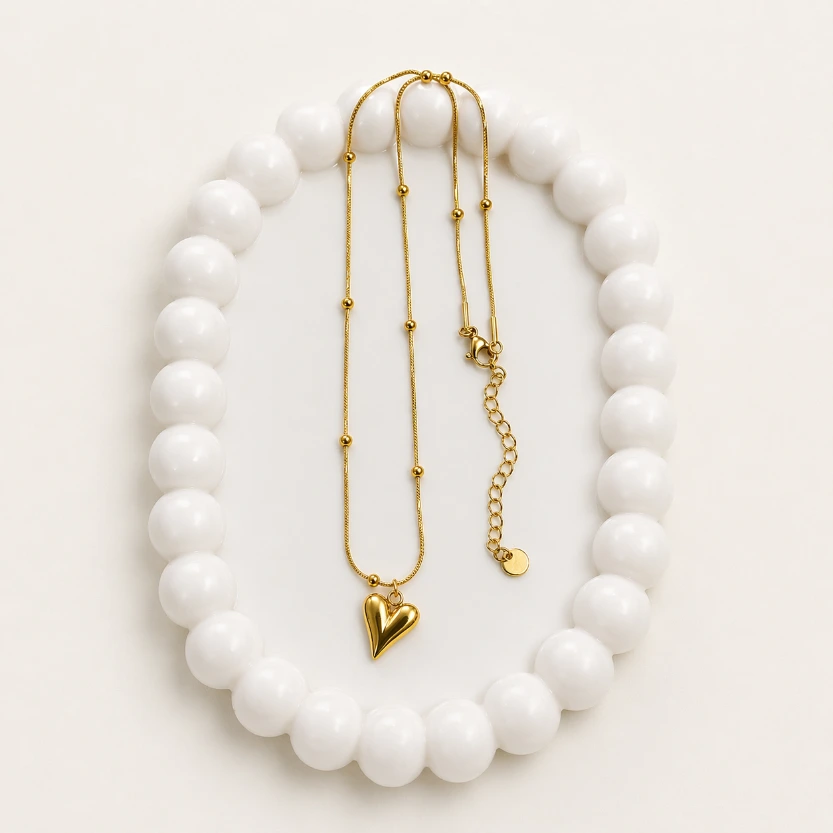 Gold Plated Heart Pendant Necklace for Women | Elegant Minimal Chain with Beads | Anti-Tarnish Stainless Steel Jewelry | Daily Wear & Gift for Girls
