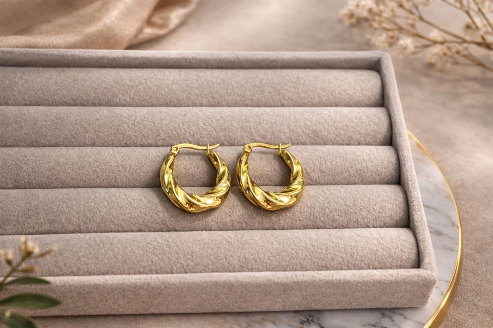 Gold Plated Stainless Steel Twisted Hoop Earrings