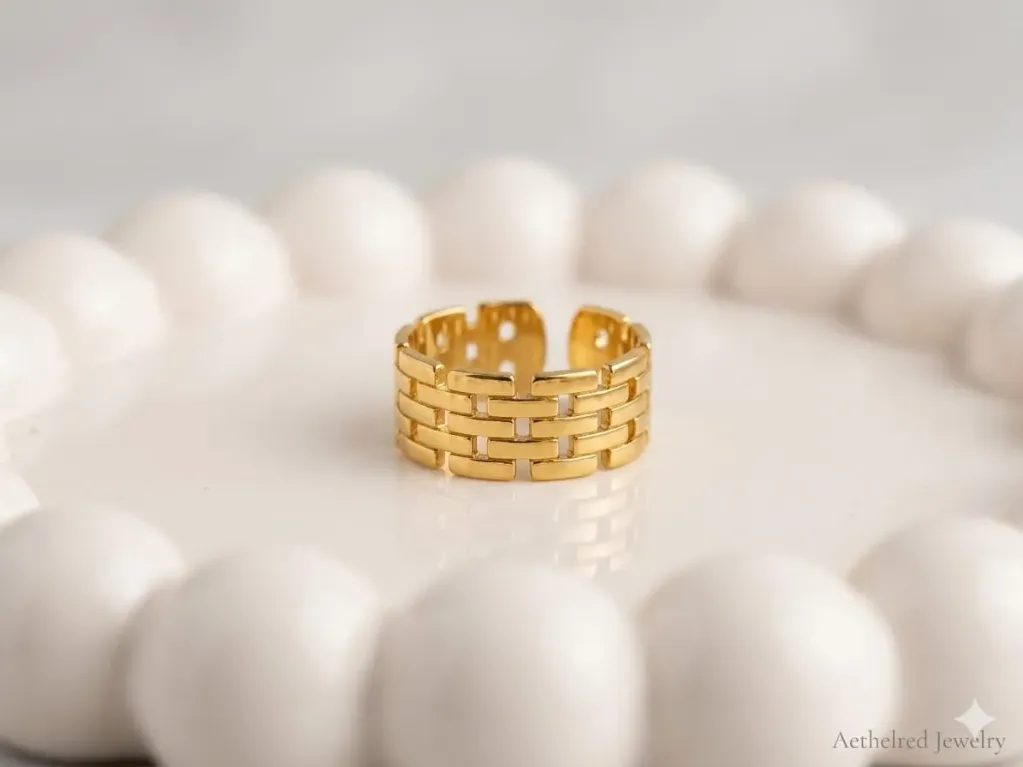 Gold Plated Adjustable Geometric Chain Pattern Ring