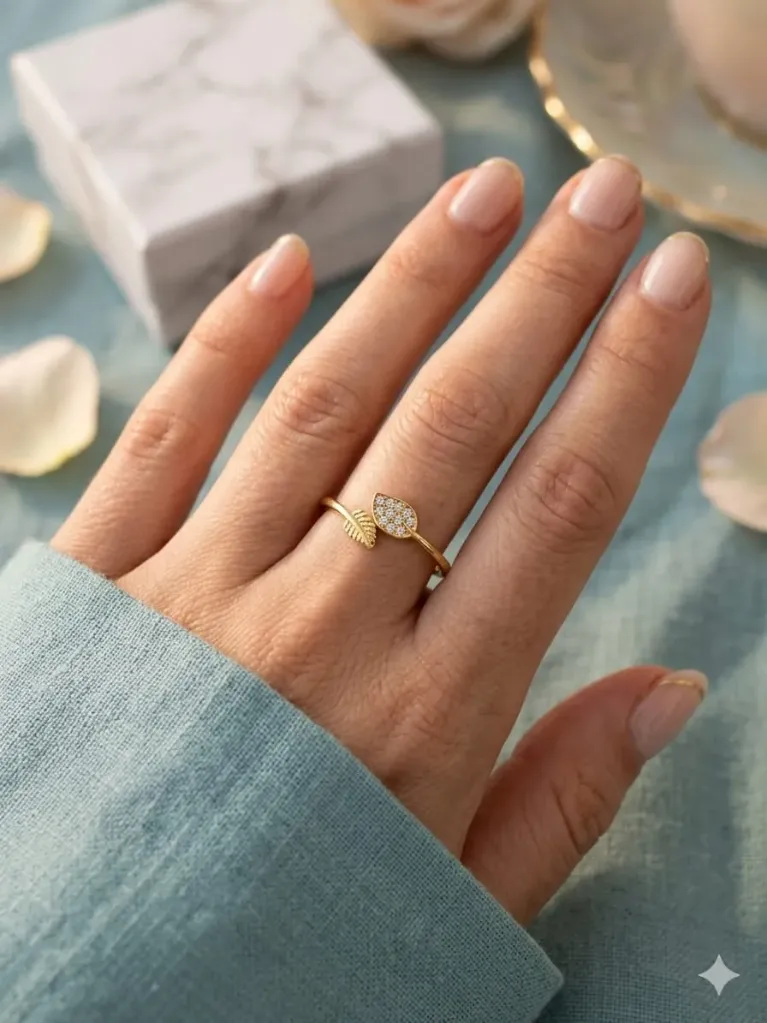 Elegant Leaf Design Gold-Plated Crystal Studded Minimal Ring