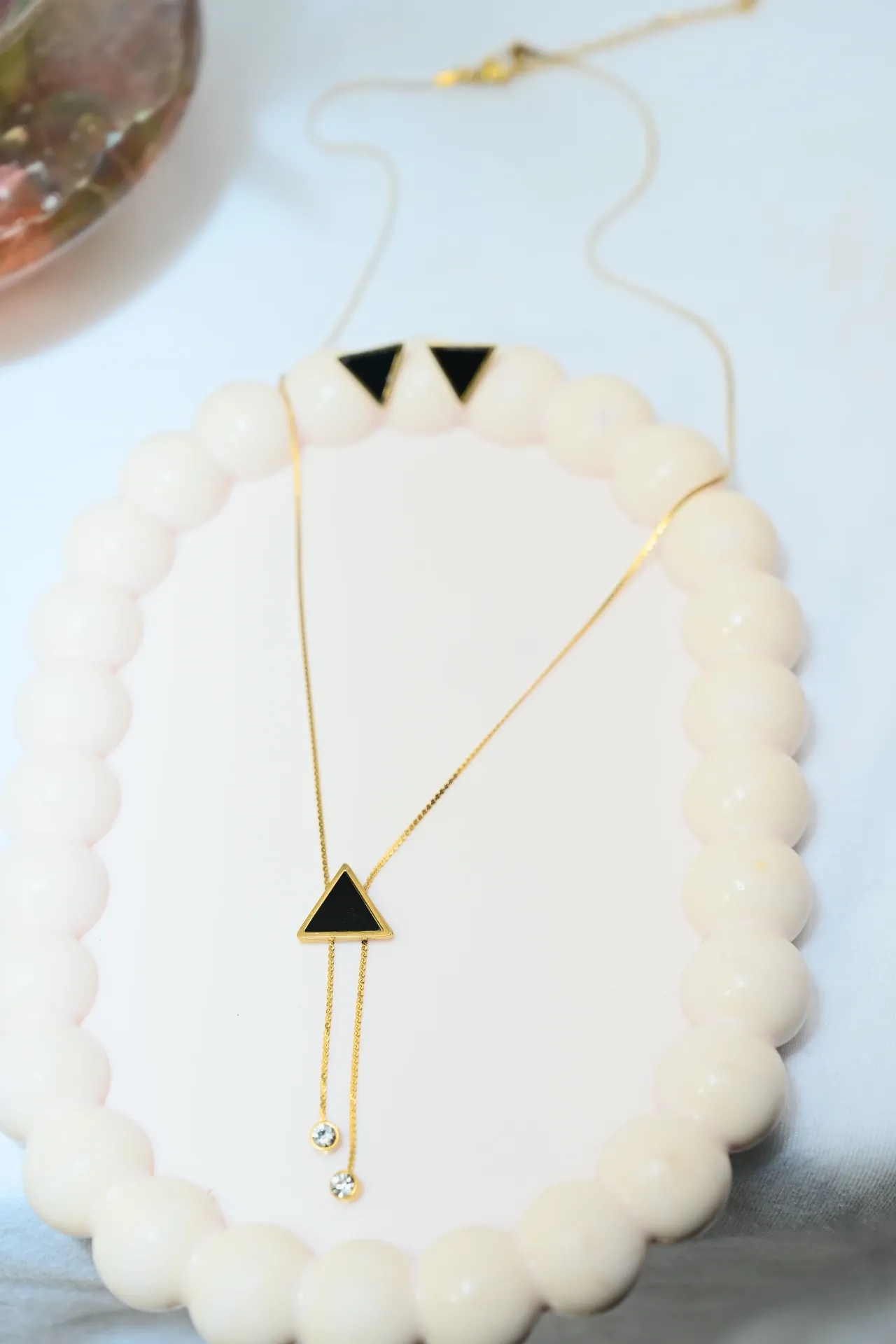 Gold-Plated Black Triangle Pendant Necklace with Matching Stud Earrings